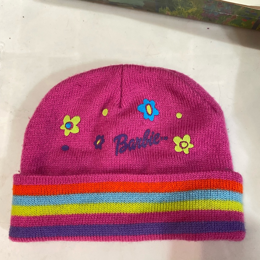 Barbie Pink Knit Hat with Rainbow Accents